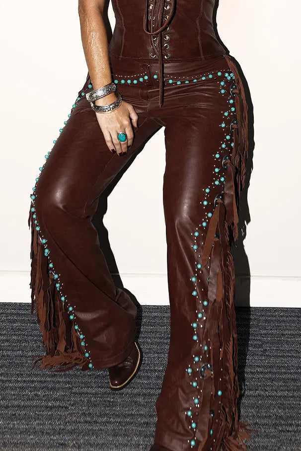 Women's Leather Lace-Up Vest & Side Fringe Beads Leather Pants