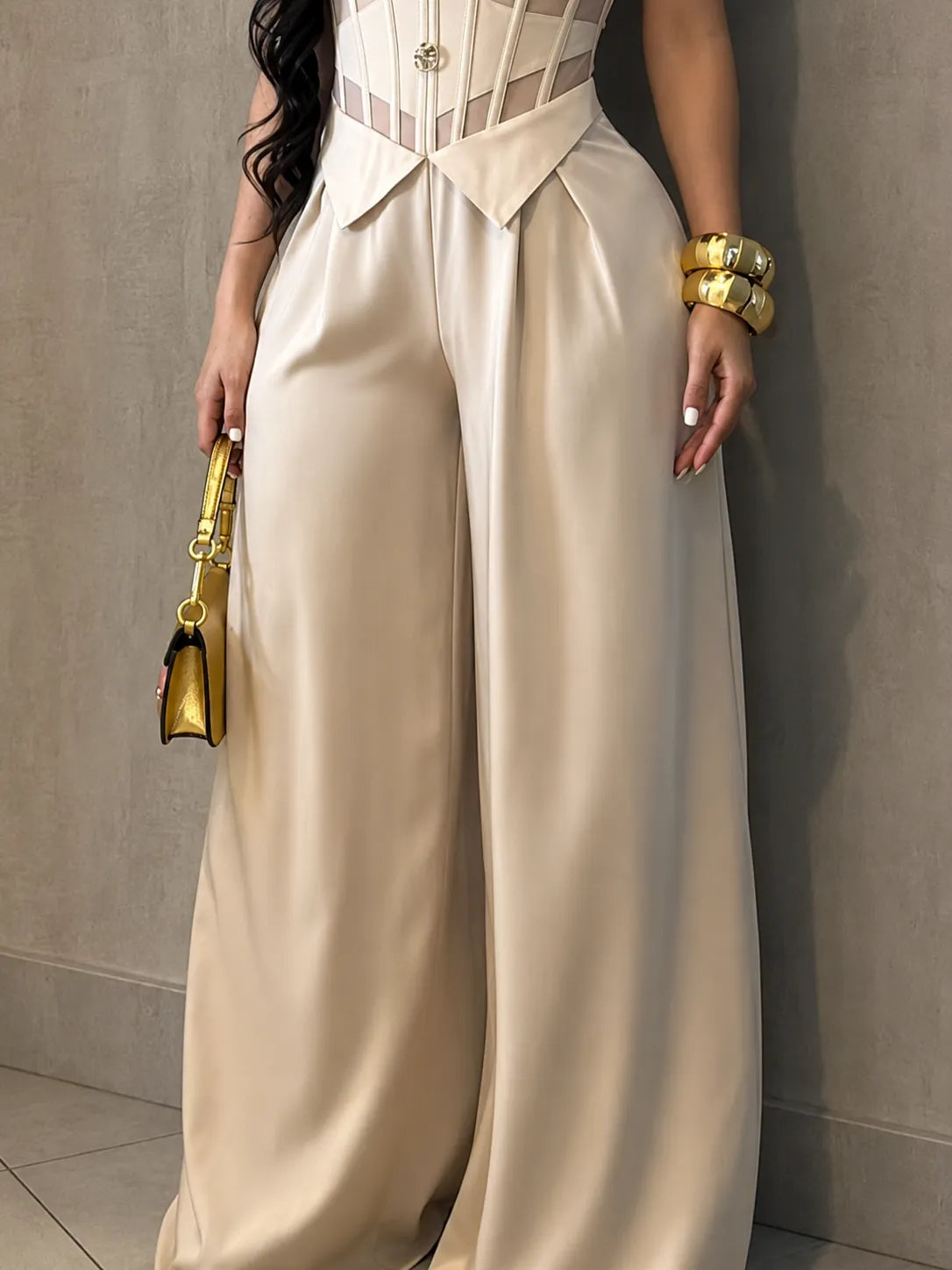 Nude Mesh & Boned Top + Trousers Two-Piece Set