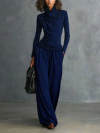 Casual Plain Ruched Cowl Neck T-shirt