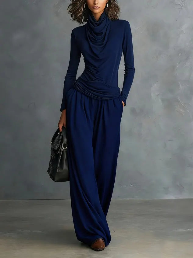 Casual Plain Ruched Cowl Neck T-shirt