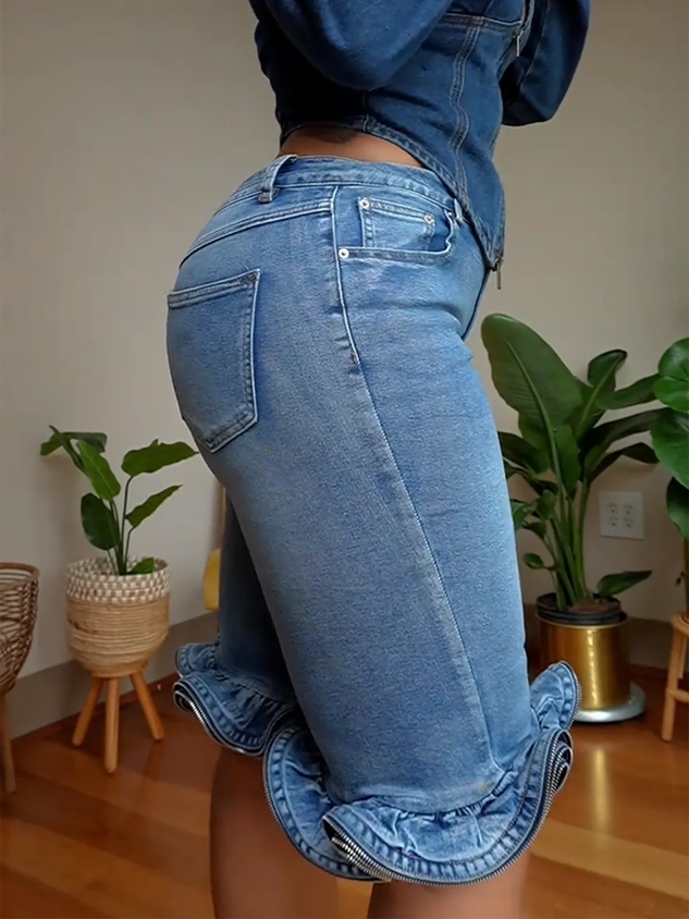 Casual Solid Tailored Denim Shorts