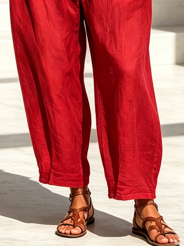 Linen Casual Plain Distressing Baggy Pants