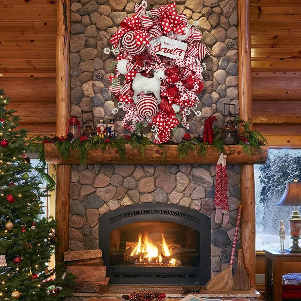 Winter wreath for front door  ,with white winter deer ornaments and sign