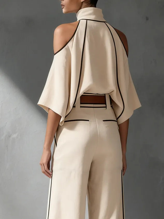 Casual Color Block Stand Collar Blouse