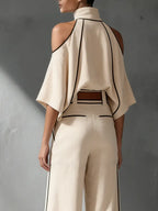 Casual Color Block Stand Collar Blouse