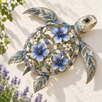 🐢 Sea Turtle Wall Sculpture — Enameled Floral Coastal Art with Textured Metal Scales