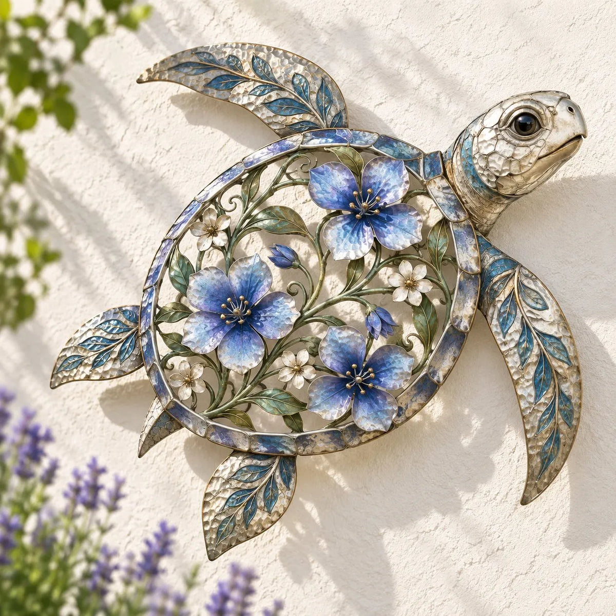 🐢 Sea Turtle Wall Sculpture — Enameled Floral Coastal Art with Textured Metal Scales