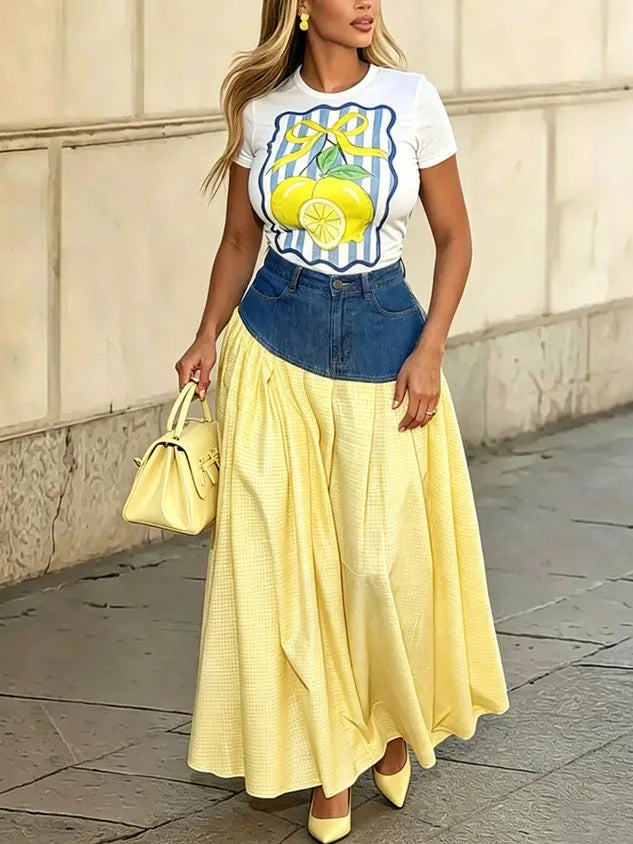 Casual Distressing Split JointColor Block Maxi Skirt
