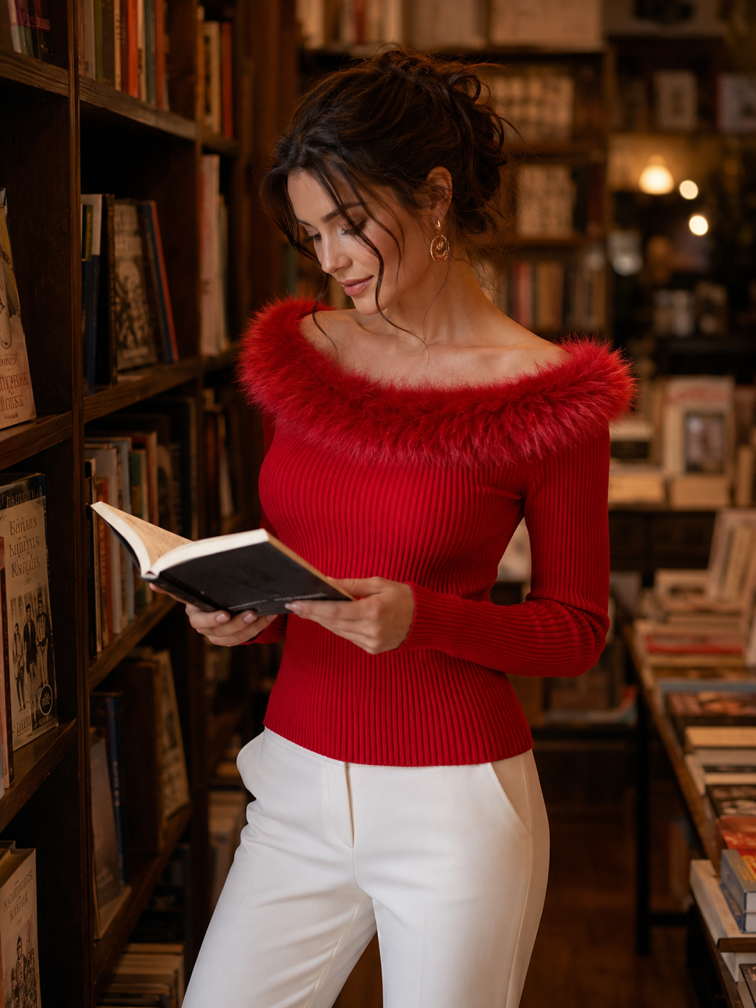 Off-the-Shoulder Faux Fur Collar Ribbed Knit Sweater