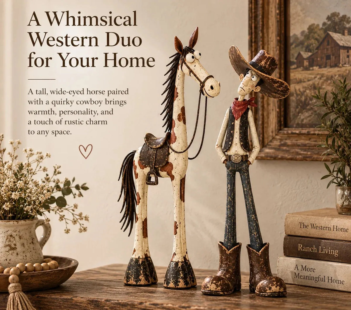 Whimsical Western Cowboy & Horse Figurine Duo 🌵