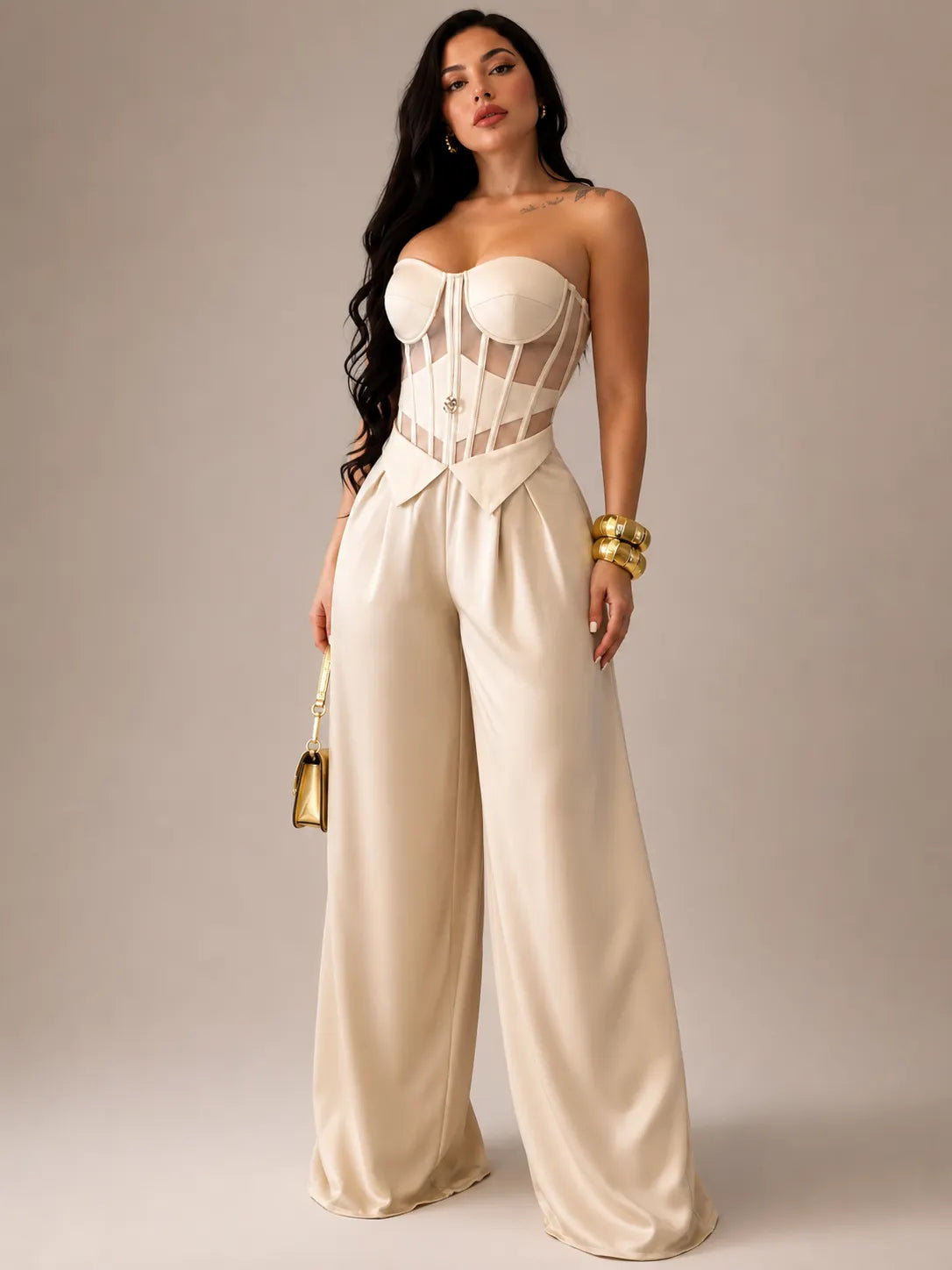 Nude Mesh & Boned Top + Trousers Two-Piece Set