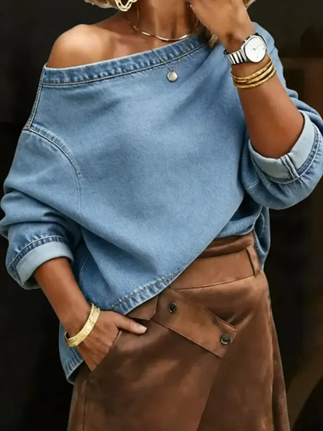 Casual Plain Asymmetrical Denim Top
