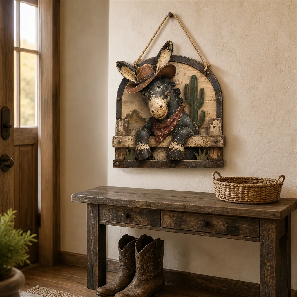 🌵 Rustic Cowboy Donkey Wall Hanging – Western Farmhouse Décor & Country Keepsake