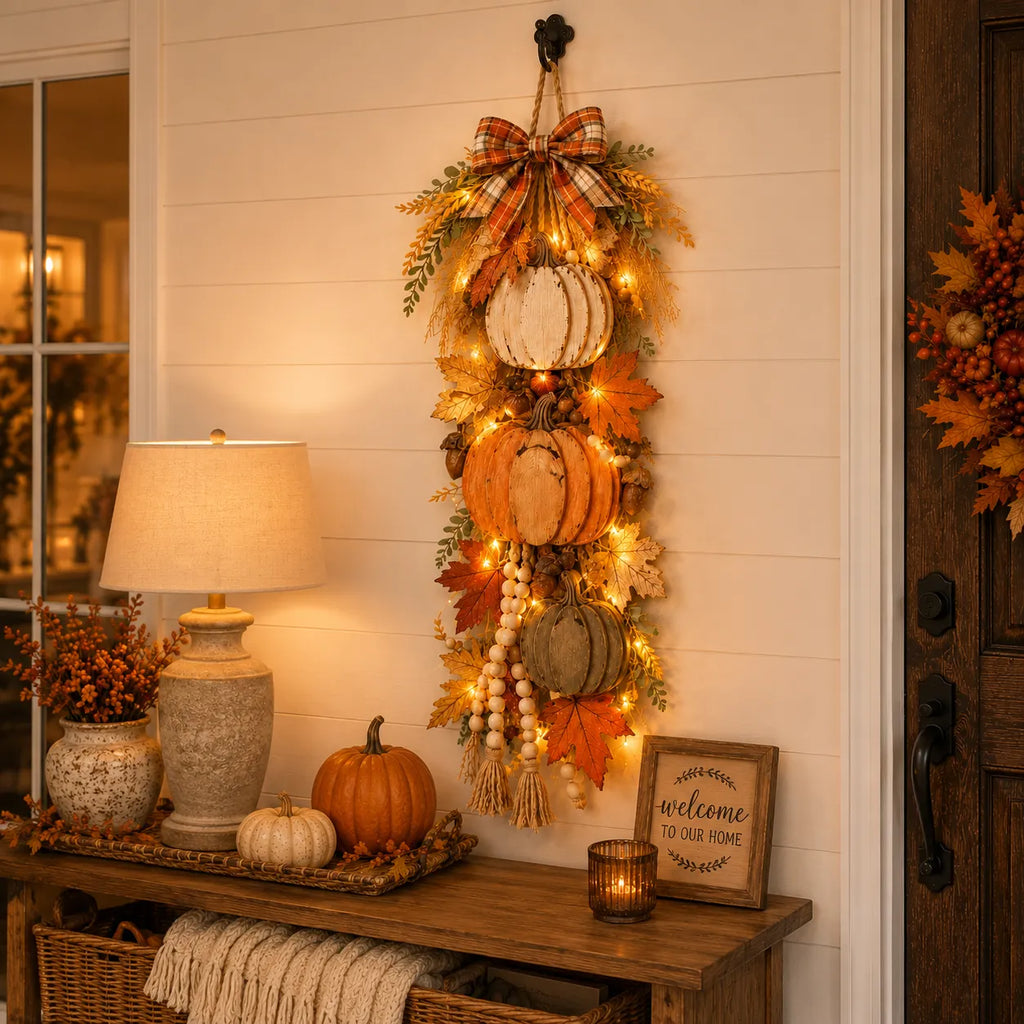 Lighted Harvest Fall Door Decor with Warm LED Lights
