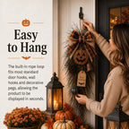 🎃🍂 Rustic Halloween Pumpkin Door Swag – Plaid Bow & Bell Hanging Décor