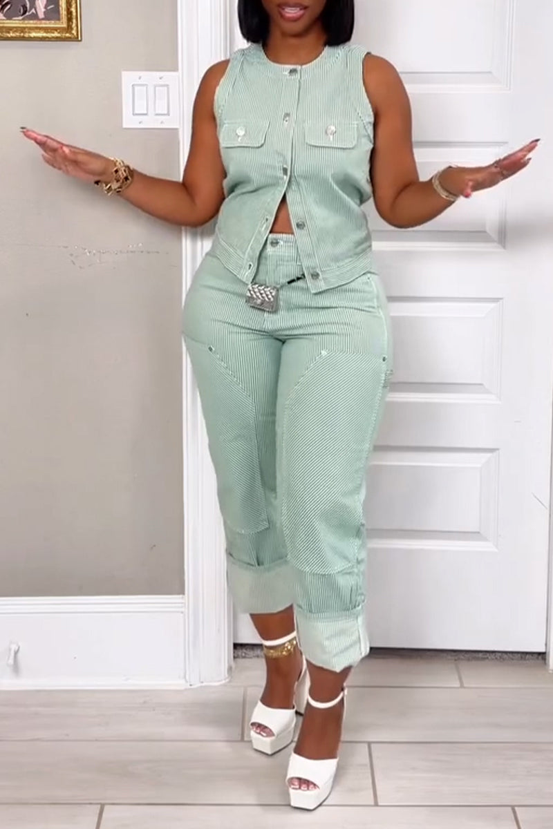 Women's Casual Stripe Button Front Vest or Patch Pants