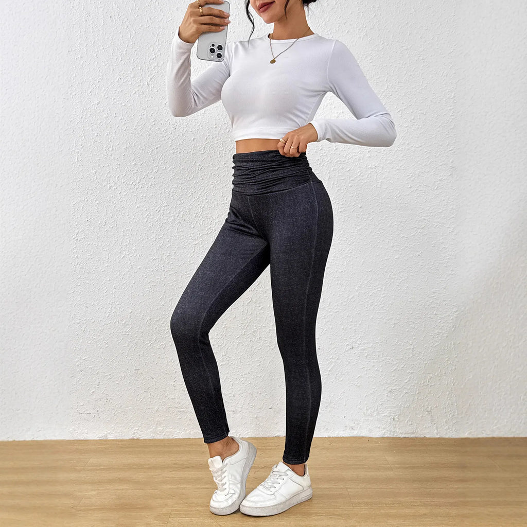 Women's Denim Fleece-lined Thermal Leggings, High-waisted, Pleated Waistband, Slim Fit, Suitable For Wearing As Outerwea