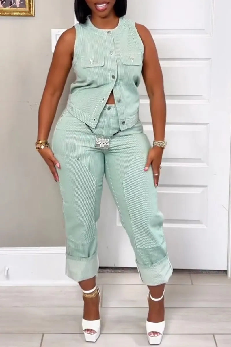 Women's Casual Stripe Button Front Vest or Patch Pants