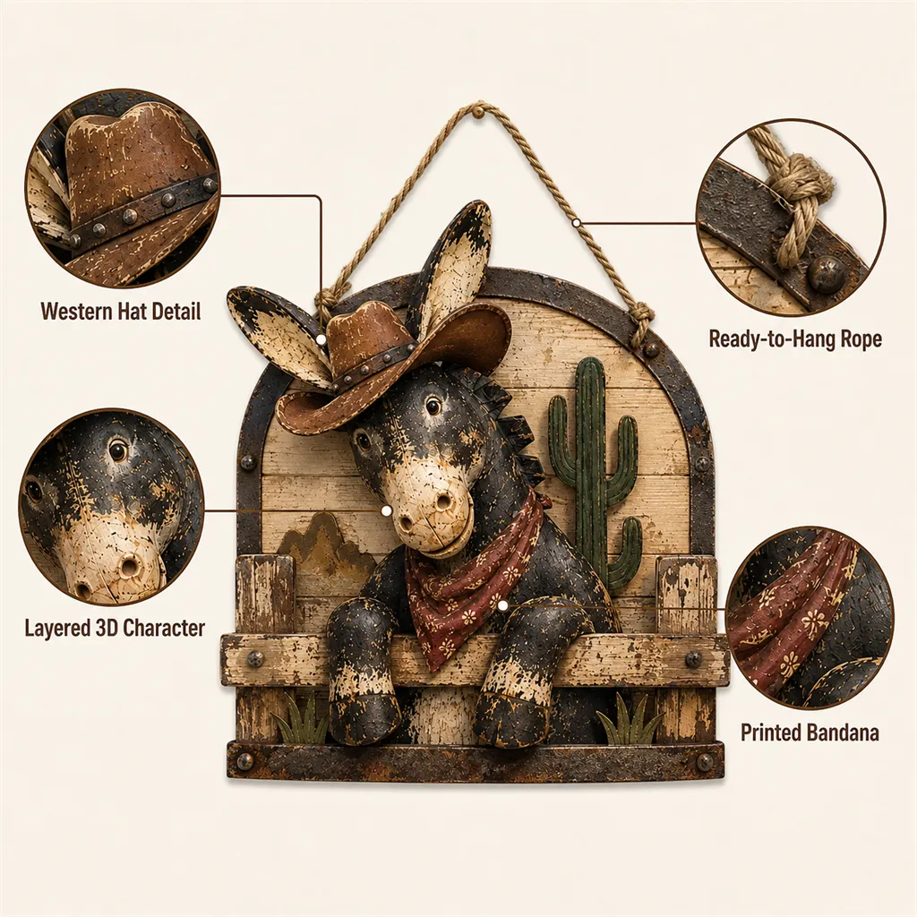 🌵 Rustic Cowboy Donkey Wall Hanging – Western Farmhouse Décor & Country Keepsake
