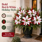 🎄Christmas Poinsettia Planter Inserts – Set of 6 Red & White Holiday Floral Picks