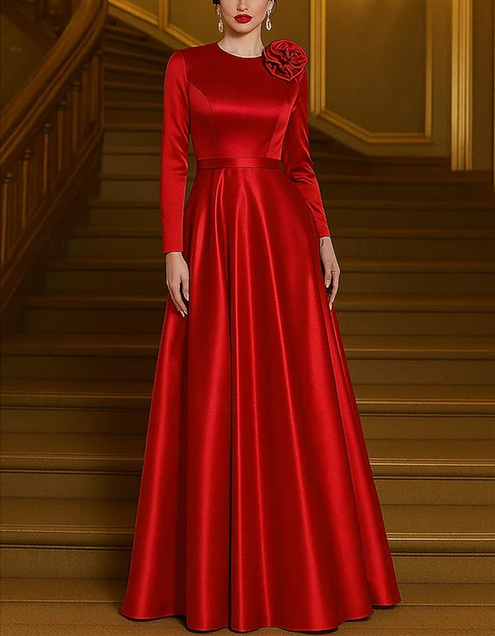 Solid Color Round Neck Satin 3d Flowers Maxi Dress
