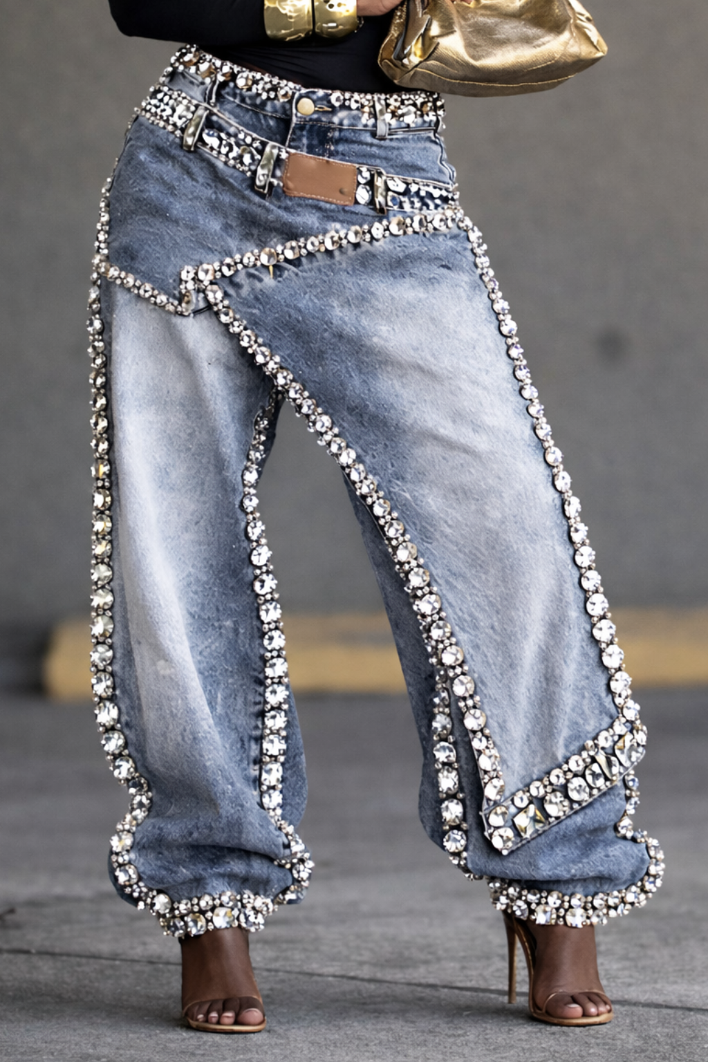 Women's Rhinestone-studded Faux Two-piece Jeans