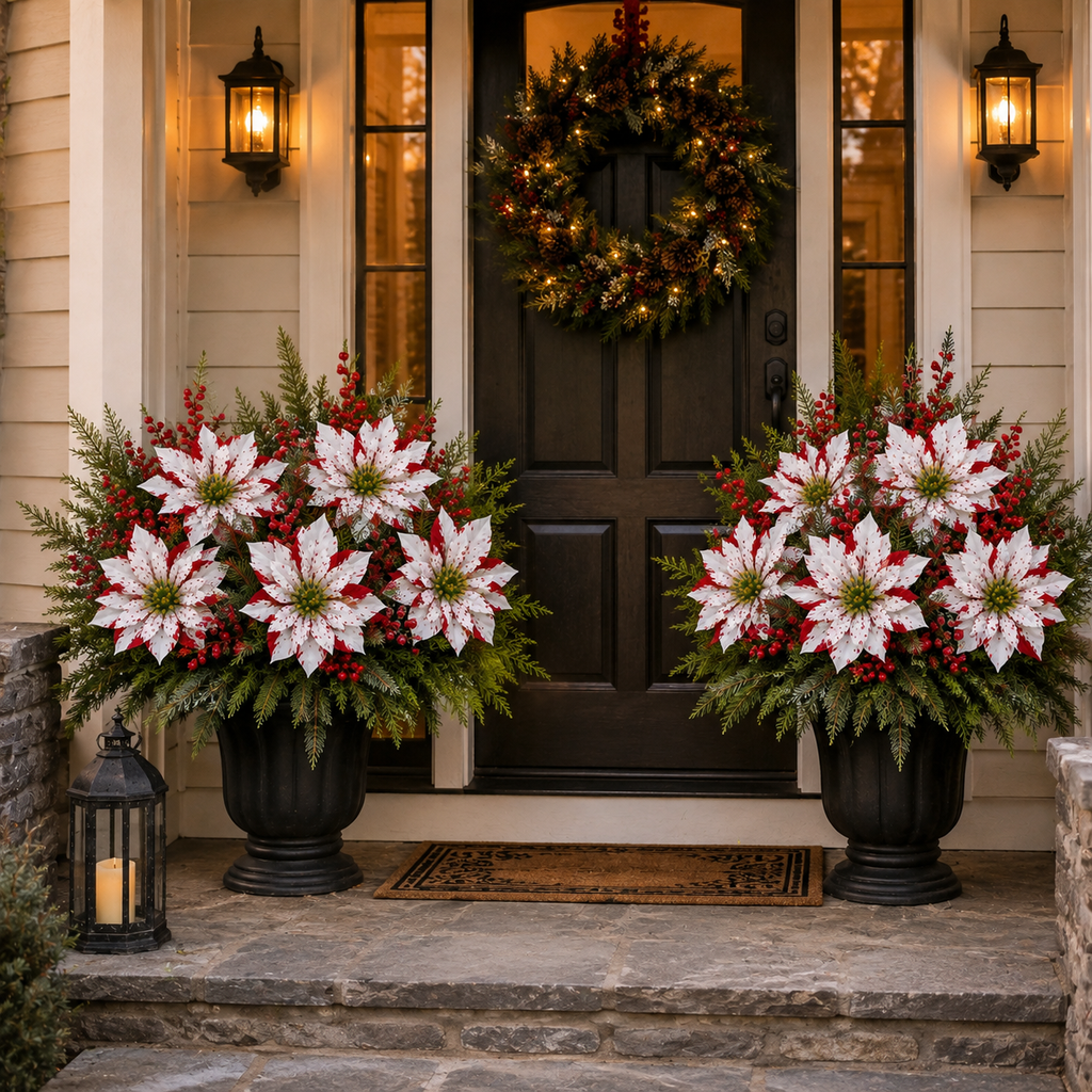 🎄Christmas Poinsettia Planter Inserts – Set of 6 Red & White Holiday Floral Picks