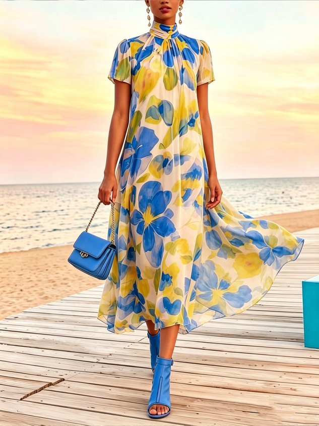 Vacation Floral Printing Mock Neck Maxi Dress