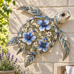 🐢 Sea Turtle Wall Sculpture — Enameled Floral Coastal Art with Textured Metal Scales
