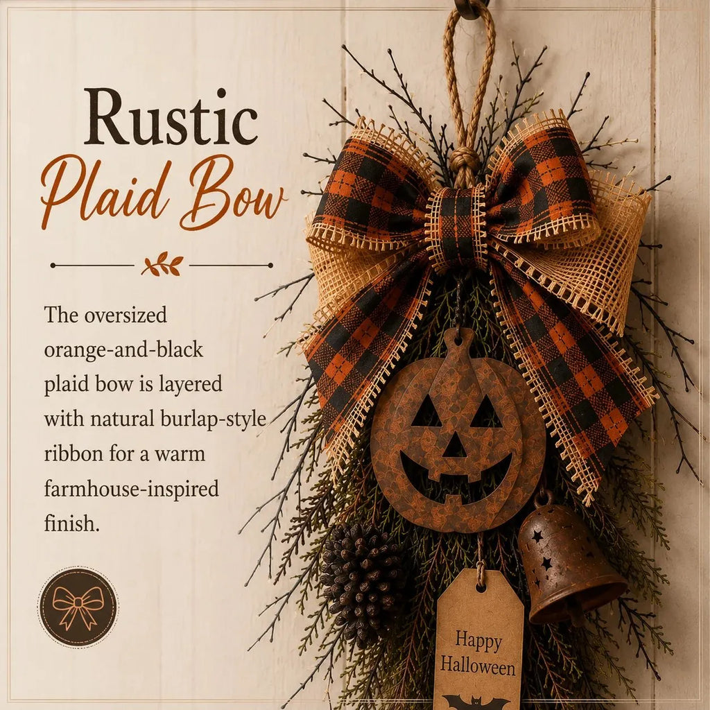 🎃🍂 Rustic Halloween Pumpkin Door Swag – Plaid Bow & Bell Hanging Décor