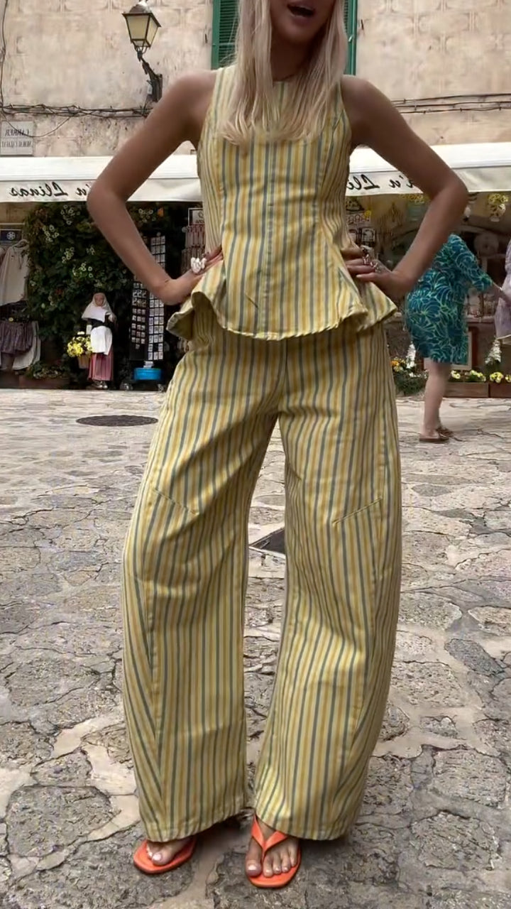 Stripe Peplum Top & Wide Leg Pants Co‐Ord