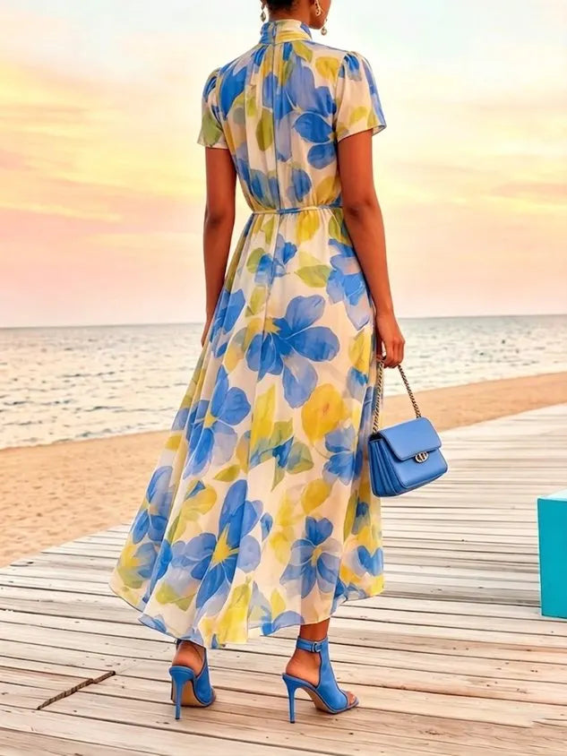 Vacation Floral Printing Mock Neck Maxi Dress