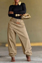 Women Oversized Asym Overlay Cargo Joggers Leather Patch Waistband Elastic Cuff Baggy Pants