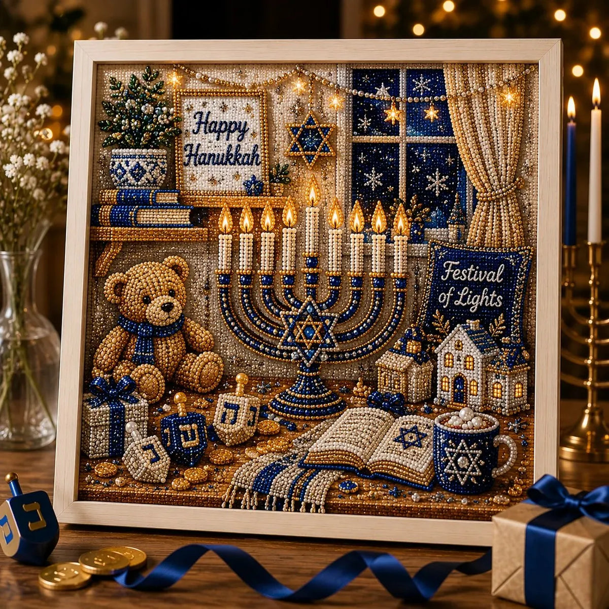 🕎 Premium 3D Pearl Hanukkah Art Kit | Luxury Flocked Canvas with Scratch-Resistant Non-Fading Acrylic Resin Pearls & Faceted Drills DIY Festival of Lights Decor 💙✨