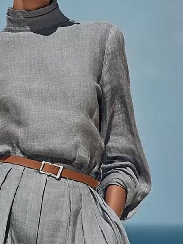 Cotton And Linen Casual Plain Stand Collar Blouse