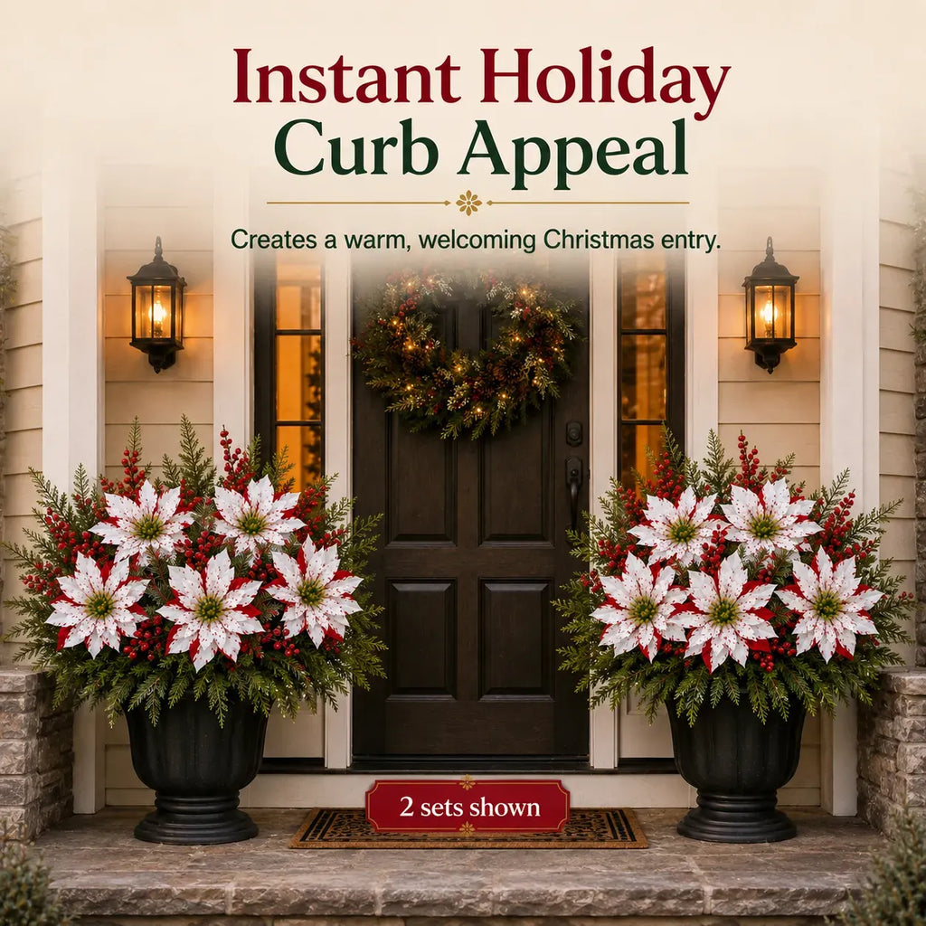 🎄Christmas Poinsettia Planter Inserts – Set of 6 Red & White Holiday Floral Picks