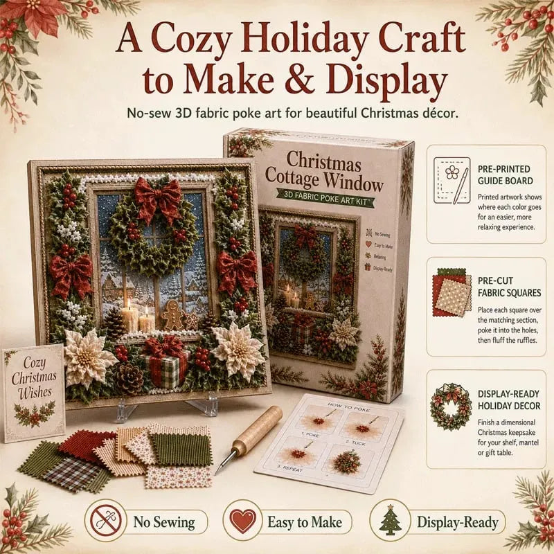 Premium 3D Christmas Fabric Poke Art Kit | No-Sew Holiday Craft with Pre-Punched Board, Fabric Squares & Display Stand