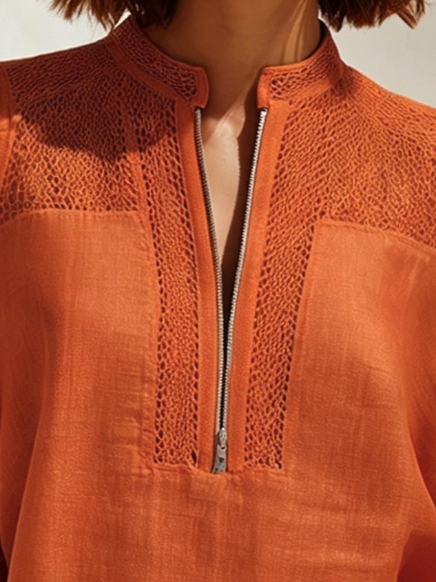 Cotton Casual Plain Zipper Mock Neck Blouse