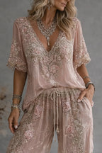 Floral Embroidered V-Neck Top High Waist Wide Leg Pants Two Piece Set