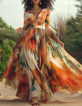 Radiant Orange Chiffon Gown with Painterly Print and Flared Sleeves