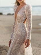 Sequins Deep V-Neck Long Sleeves Wedding Maxi Dress