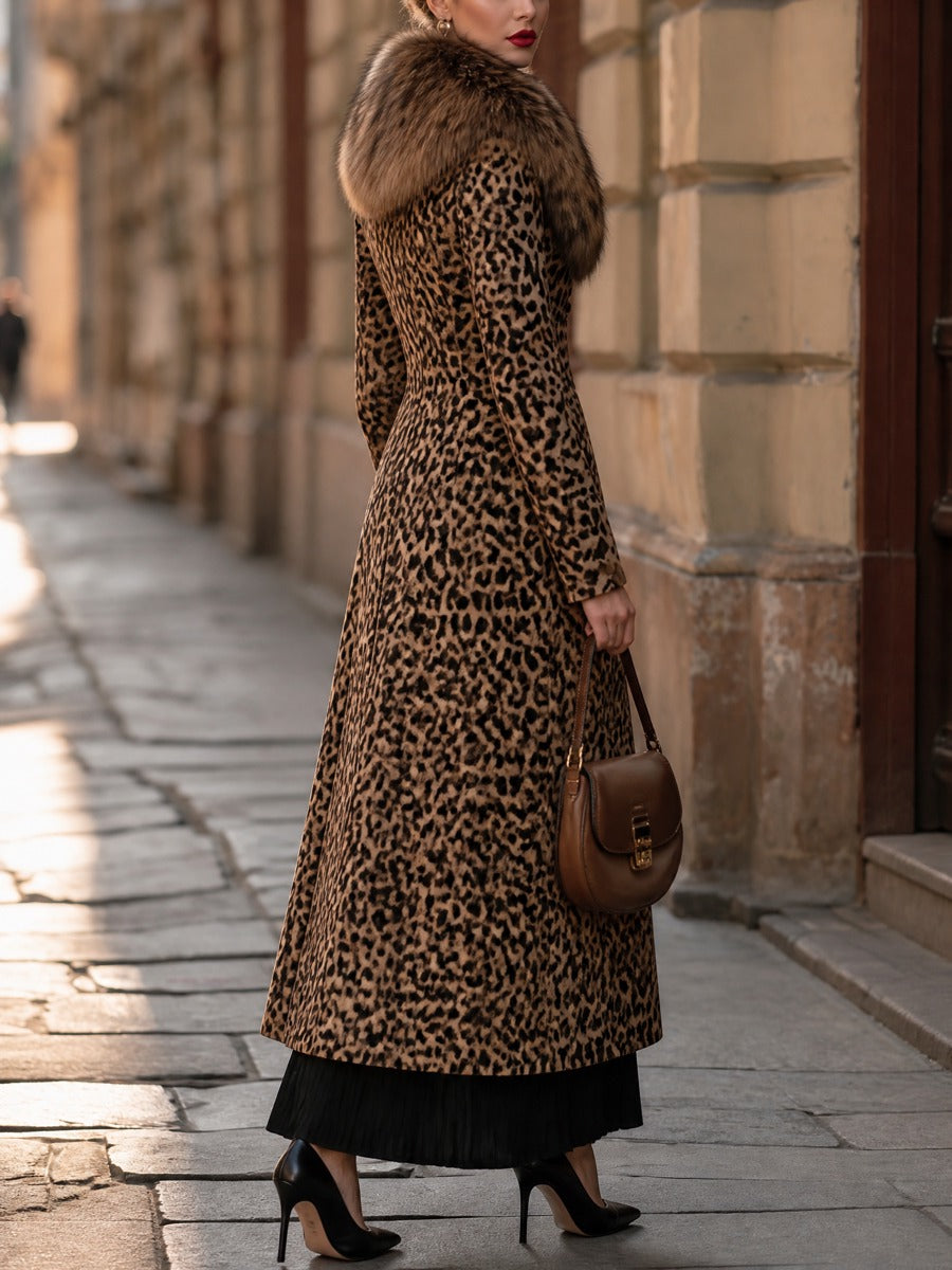 Leopard Print Faux Fur Collar Long Coat