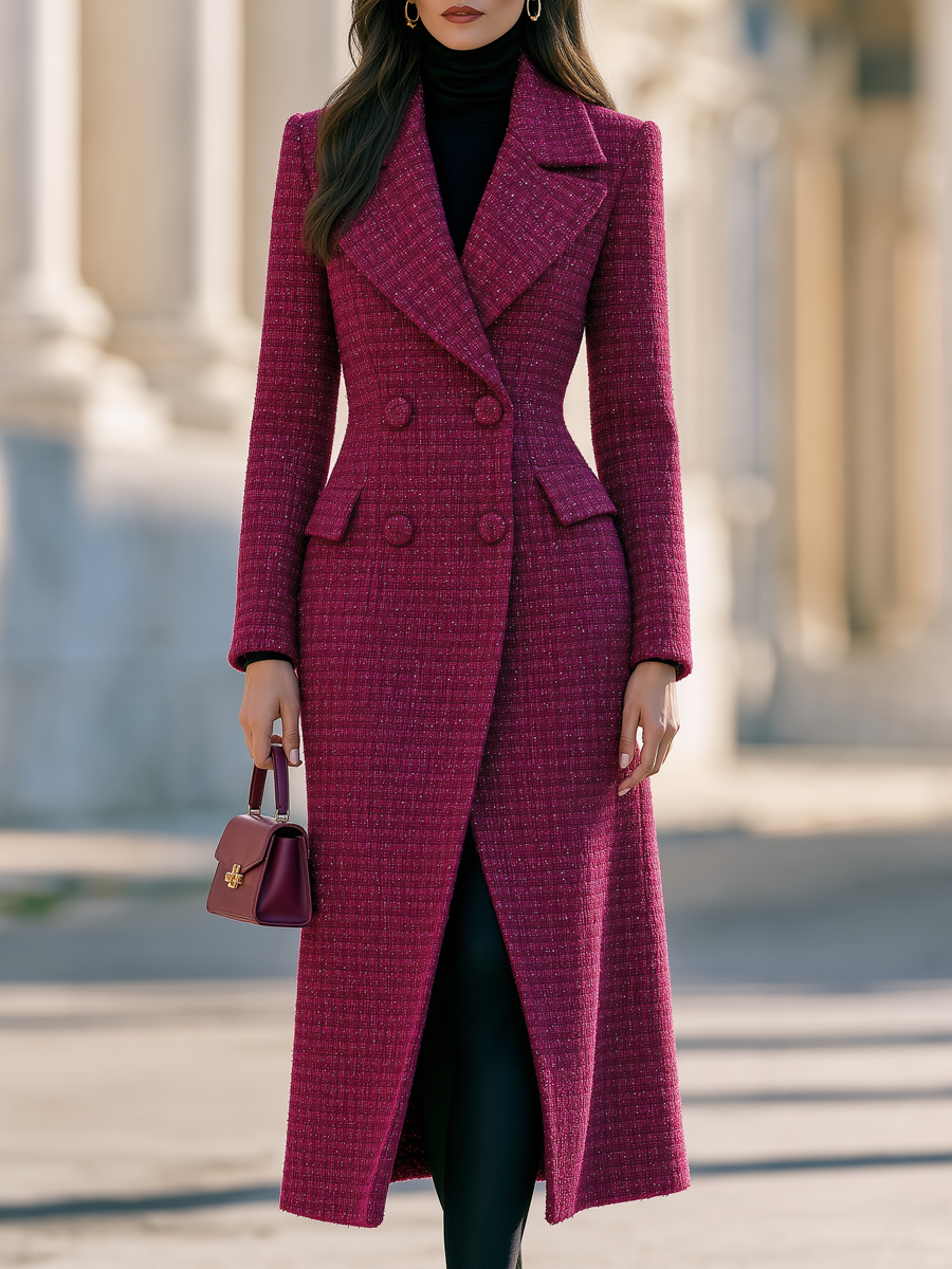 Elegant Notch Lapel Double-Breasted Tweed Long Coat