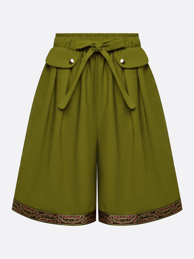 High-Waist Ethnic Print Cotton-Linen Casual Shorts