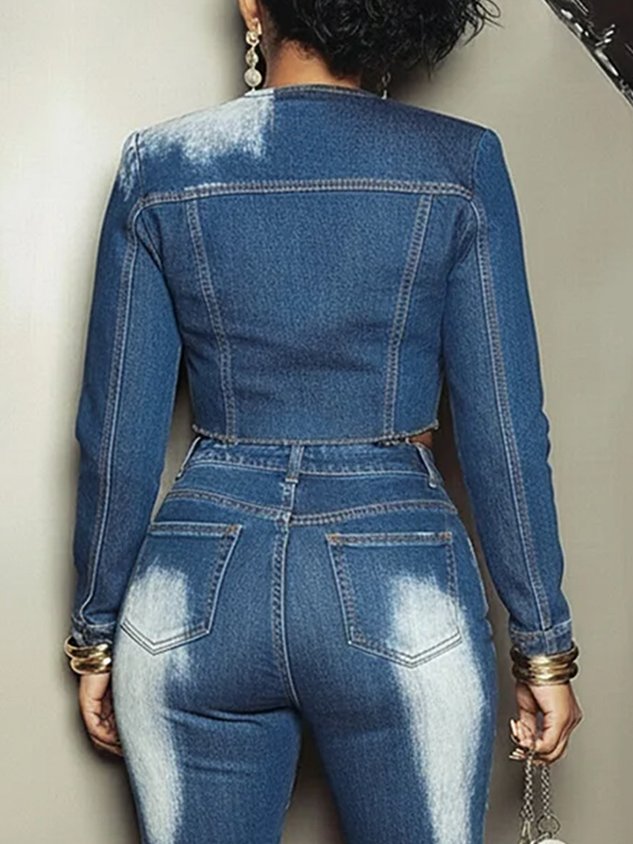 Casual Pockets Plain Crew Neck Denim Jacket