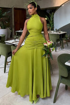 Mock Neck Off Shoulder Ruched Evening Gowns Maxi Dresses-Green [Pre Order]