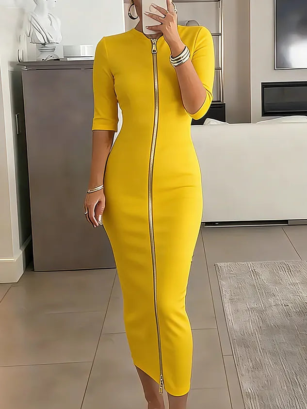 Elegant Solid Slim Fit Midi Dress