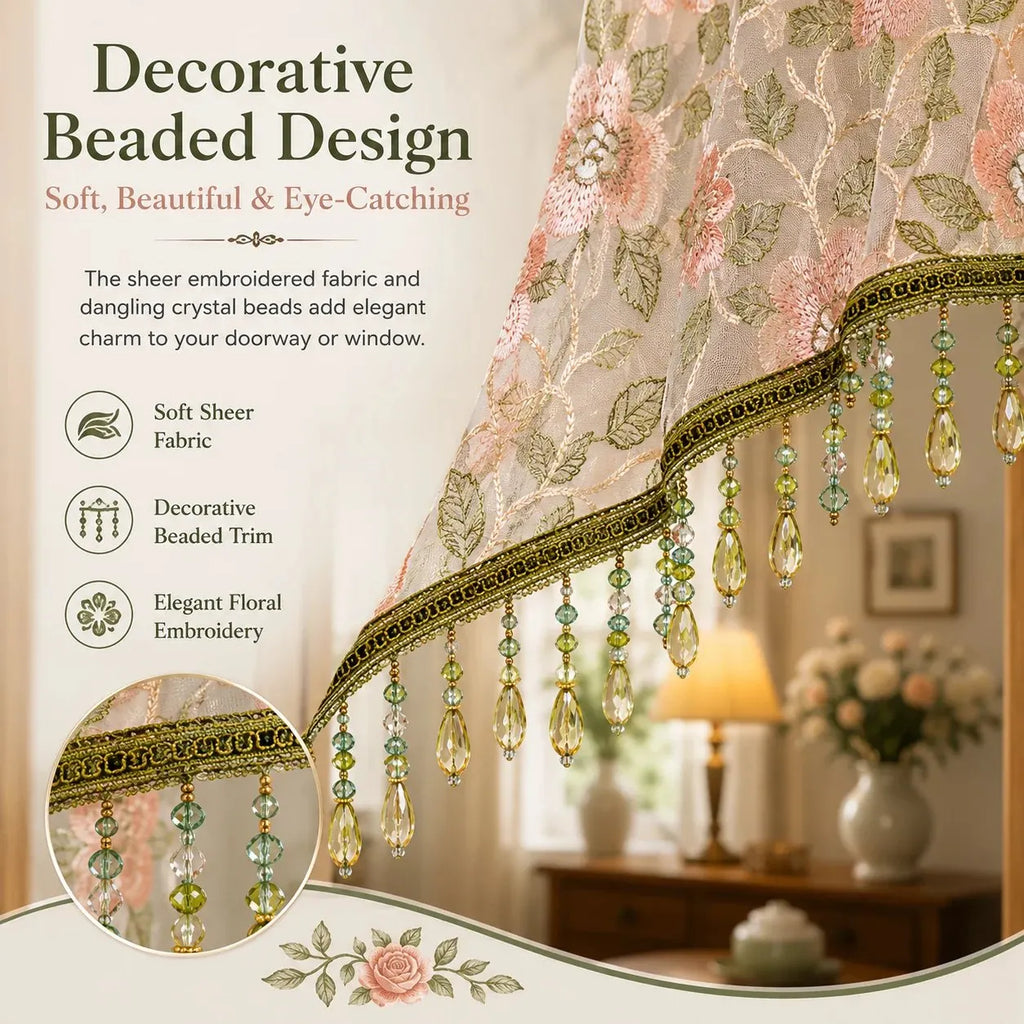 Embroidered Lace Doorway Curtain – Romantic Floral Beaded Sheer Panels