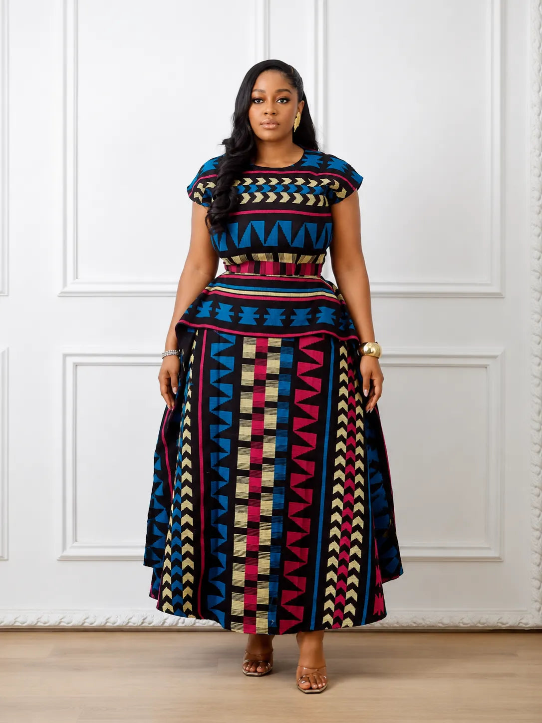 Multicolored African Print Peplum Maxi Dress