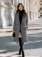 Houndstooth Double-Breasted Long Wool Coat